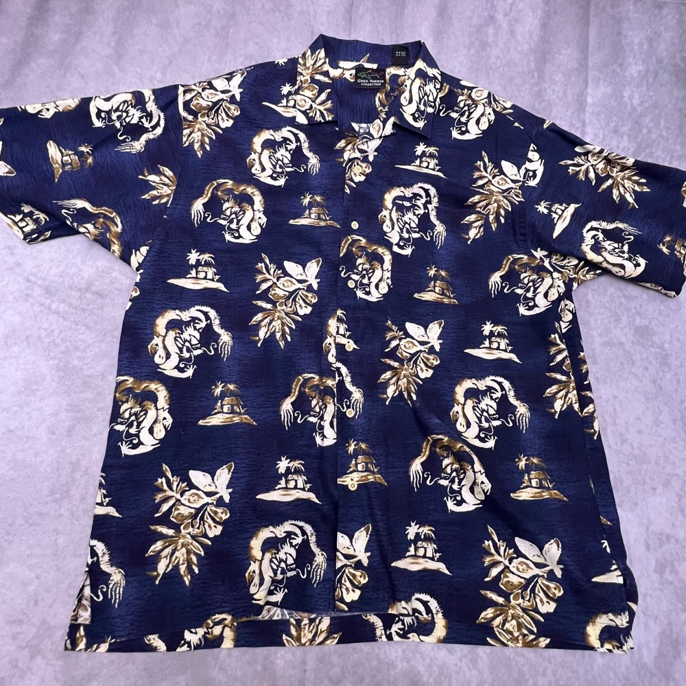 Greg Norman Collection Shirt Mens L Blue Dragon Tropical Island Cotton Excellent